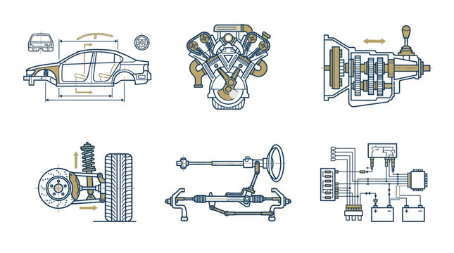 Technical engineering diagrams of various automotive vehicle components and mechanical systems.