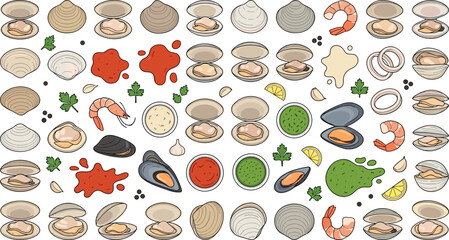 Seafood Clams Collection and Gourmet Bivalve Shellfish Gastronomy Vector Set © MstAmena