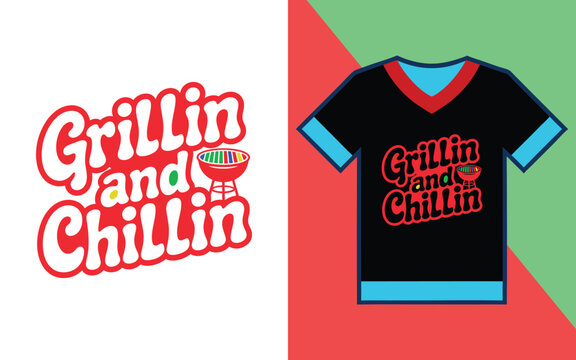 Grillin and chillin typography with a barbecue grill on a black t-shirt apparel mockup