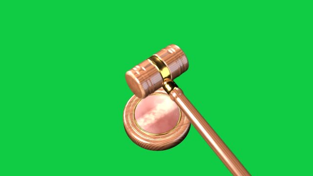 On start gavel moving top-right, rotating and striking block, sparking for impact on transparent bg