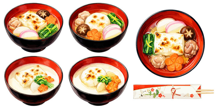 お雑煮の手描き水彩風イラストパーツセット、雑煮・関東風・関西風・すまし汁・白味噌・角餅・丸餅・焼餅・鶏肉・椎茸・にんじん・三つ葉・かまぼこ・祝い箸・真上・お正月・初売り・おせち料理・年賀状・デザイン販促素材、ベクター、透過PNG