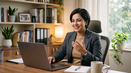 Fototapeta premium Professional woman conducting video call from office desk with laptop, smiling during remote meeting, digital communication and business work