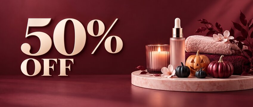 50% OFF Halloween beauty sale banner. Luxury spa and cosmetics discount promotion background with serum bottle, candle, towels, and pumpkins on burgundy.