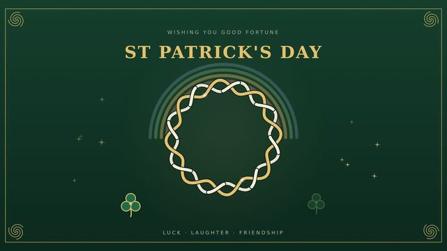 St Patricks Day Animation with Celtic Knot Ring Shamrocks and Triskelions in Gold and Emerald