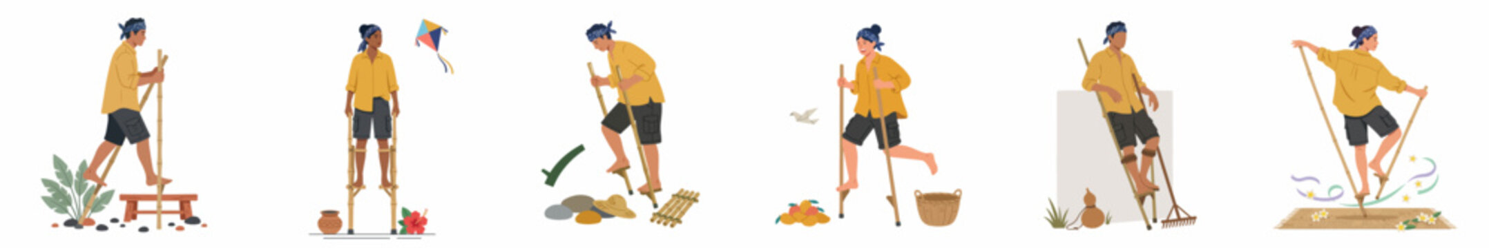 Set of vector illustrations featuring a man walking on wooden stilts in various poses, showcasing traditional outdoor activity and cultural heritage.