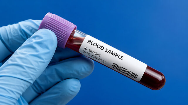 Gloved hand holding blood sample tube for laboratory testing on blue background