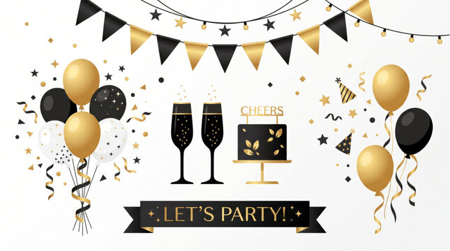 Let's party celebration elements with black and gold balloons champagne and cake
