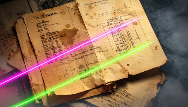 Vintage book with laser beams shining.