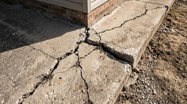 severely cracked and damaged concrete foundation or slab outside a house building structure.