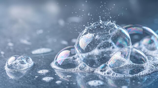 soap bubbles bursting and water splashes on a reflective metal surface for cleaning.