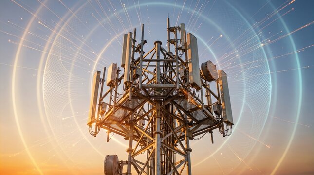 a telecommunication and 5G mobile network tower broadcasting digital wireless signals and waves in the sky.