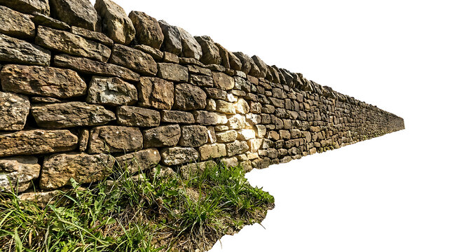 Dry stone wall with grass on white background rock wall