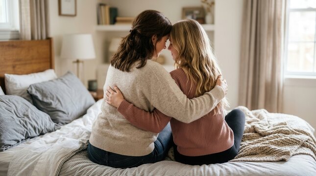 Warm Embrace Between Mother And Daughter On A Cozy Bed