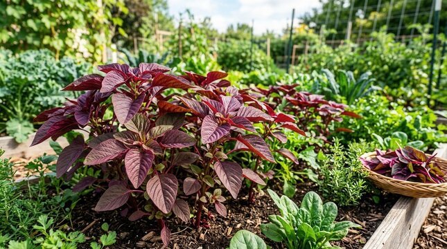 Vibrant Edible Garden With Amaranth And Other Leafy Greens