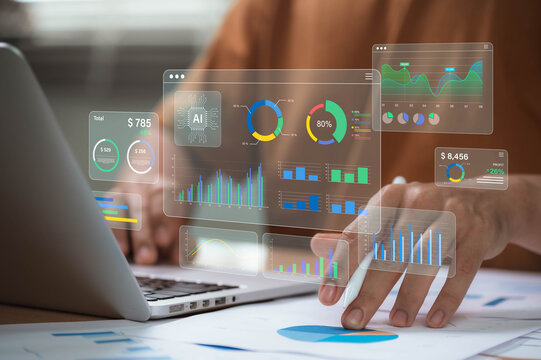 AI investment analytics and financial technology concept with professionals using a laptop, virtual charts and an artificial intelligence dashboard showing profit, market data and automated growth