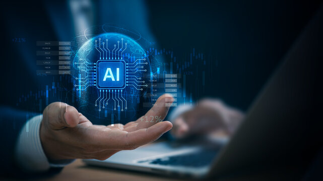 AI investment and stock market technology concept with a business professional presenting an artificial intelligence chip over a digital globe, candlestick charts and financial growth data