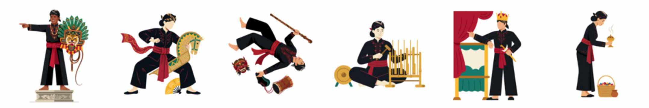 Set of illustrations depicting traditional Indonesian cultural arts from Ponorogo, East Java, featuring Reog, Jathilan dancers, and traditional musical instruments.