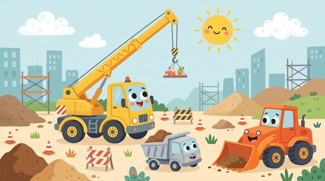 Cute Cartoon Construction Vehicles at Building Site Illustration