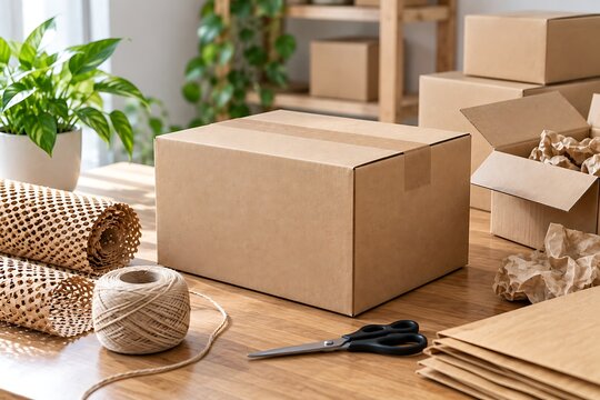 Cardboard boxes and packaging materials on wooden table