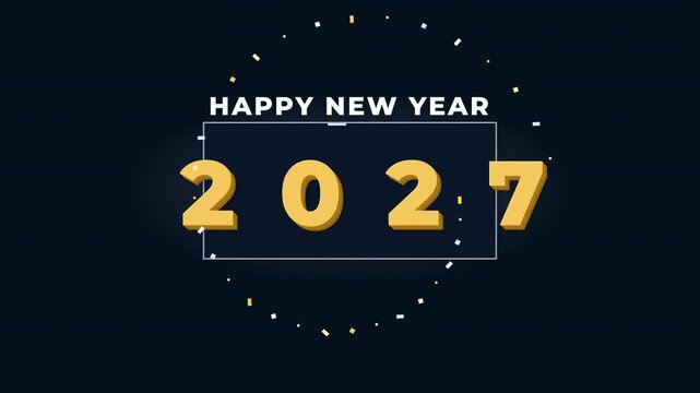 Elegant Happy New Year 2027 animated typography with premium metallic gold lettering, mechanical year transition, geometric celebration elements, and seamless looping motion on a dark background.