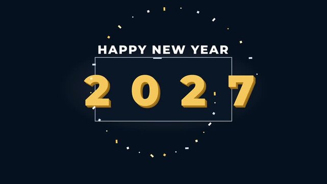 Elegant Happy New Year 2027 animated typography with premium metallic gold lettering, mechanical year transition, geometric celebration elements, and seamless looping motion on a dark background.