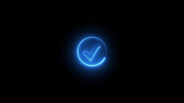 Glowing neon blue color checkmark sign icon animation circle tick accept done right confirm ok yes verify success sign symbol on black background	
