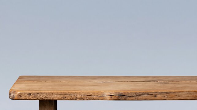 Wooden table top with a weathered edge and dry cracked grain, featuring a neutral blue background and copy space for product display