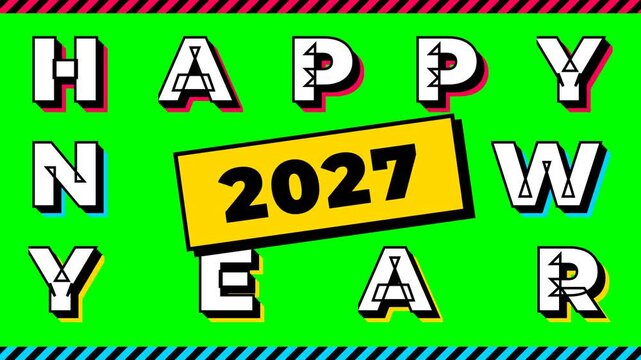 Ultra-bold brutalist kinetic typography animation for Happy New Year 2027. Features massive screen-filling text, mechanical slide reveals, a stamping 2027 badge, and screen shake on a pure chroma key