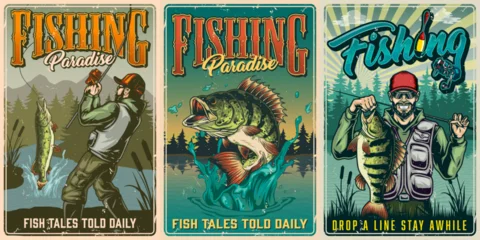 Three vintage fishing posters with bold lettering © DGIM studio