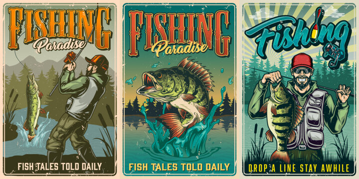 Three vintage fishing posters with bold lettering