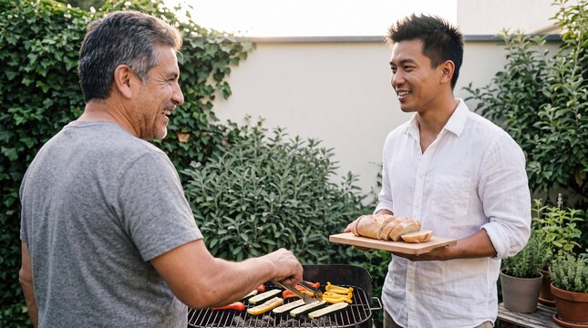 Zwei M&auml;nner grillen Gem&uuml;se und lachen im Hinterhof