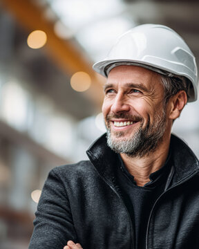 A smiling mature man wearing a white construction helmet and dark jacket looks confidently to the side in a blurred industrial or construction setting.
