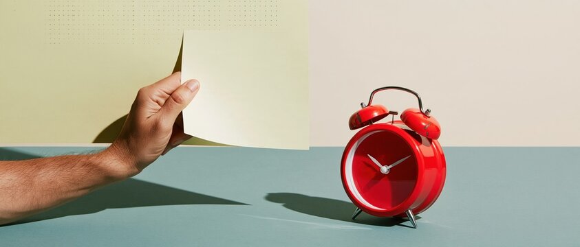 Yellow calendar page held by a hand next to a red alarm clock on a table, featuring matte paper and glossy enamel for scheduling and reminders