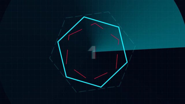 High-tech cyberpunk 5 to 1 countdown animation. Features rotating neon hexagons, a sweeping radar background, digital glitch text effects, camera shake impact, and an explosive Happy New Year 2027 rev