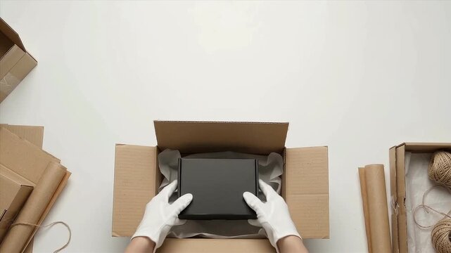 Hands seal a cardboard box with clear tape. White gloves handle packaging with care and precision. Wrapping paper and twine nearby suggest preparation
