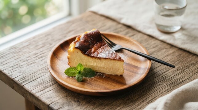 A slice of basque burnt cheesecake on a wooden plate with a black fork and fresh mint, placed on a rustic wooden table