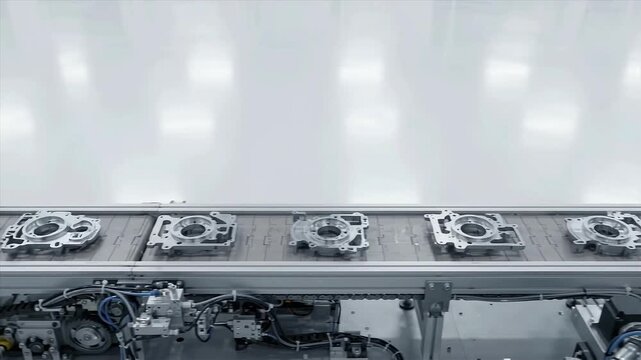 Industrial robot handles metallic parts on a production line. Machine vision and automated systems control the workflow. Clean, bright environment emphasizes efficiency and precision