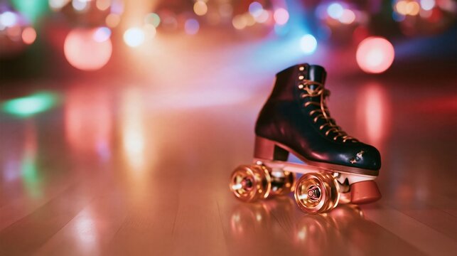 Roller skate with a glossy finish and waxed laces on a polished wooden floor for disco events and nightlife posters, with copy space