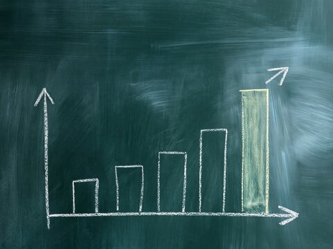 Chalkboard with a chalk bar chart showing rising columns on a smudged green slate surface for business growth and education lessons