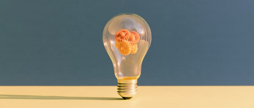 Glass bulb with mechanical gears inside, a smooth transparent object on a warm surface with deep blue copy space for business strategy