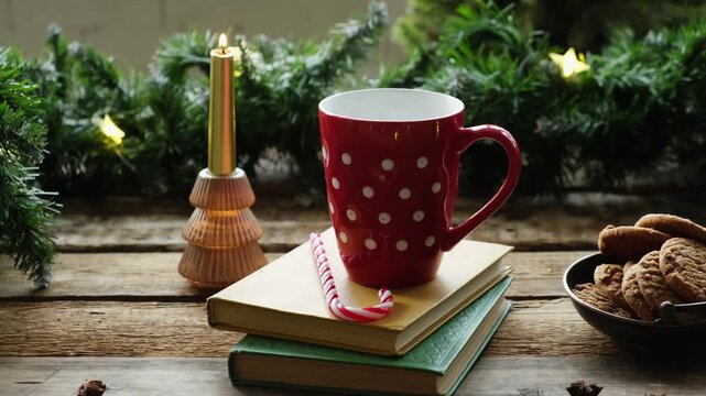 Mug of hot tea or coffee against background of Christmas decor. Cozy winter season.