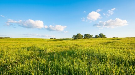 Obraz premium Scenic view of a green grass field with trees and blue sky with white clouds in a sunny day