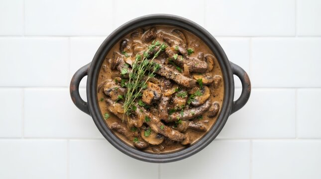 A topdown view of beef stroganoff with mushrooms and herbs in a dark ceramic pot, served on a white tiled surface
