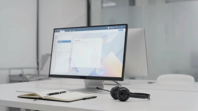 Minimalist workspace with two monitors. Headphones rest beside a notebook and pen. Soft lighting enhances clean, modern aesthetic. Focused, calm atmosphere suggests productivity