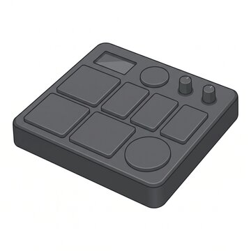 Isometric monochrome audio controller icon with pads and knobs for music production