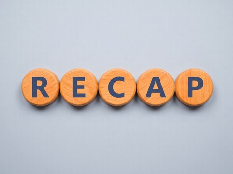 Recap business report concept with wooden letter blocks forming RECAP symbolizing financial review market analysis meeting summary and strategic planning.
