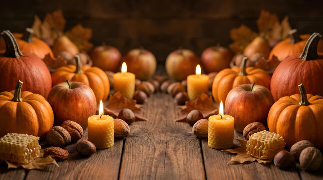 Cozy autumn still life with pumpkins, apples, nuts and glowing candles on a rustic wooden table for harvest season.