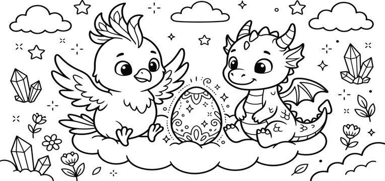 Cute baby griffin and dragon sitting on a cloud with a magical egg