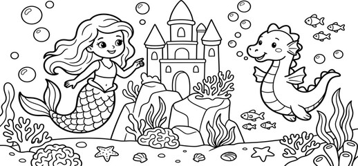 Fototapeta premium Cute mermaid and seahorse swimming near an underwater castle coloring page for children