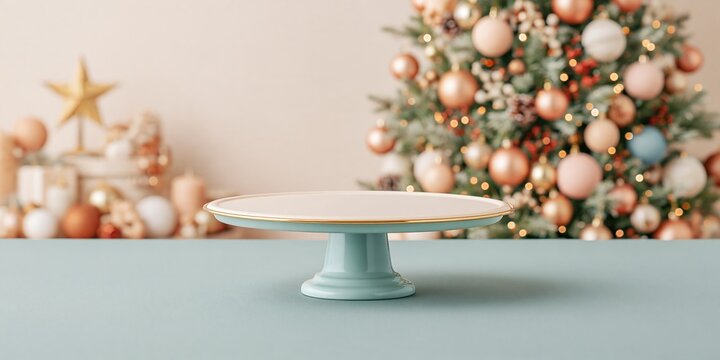 Empty blue cake stand on a smooth matte surface, featuring a blurred vintage christmas background for a product mockup and copy space
